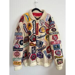 Jeff Hamilton Jacket Men XL‎ Cream NBA All Teams Patch Wool Bomber